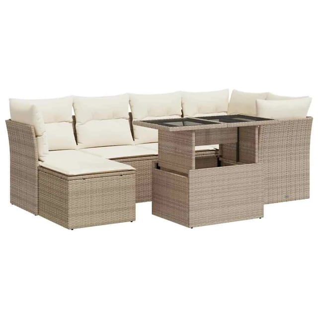 vidaXL 7-Tlg Garten-Sofagarnitur mit Kissen Beige Poly Rattan 3326189