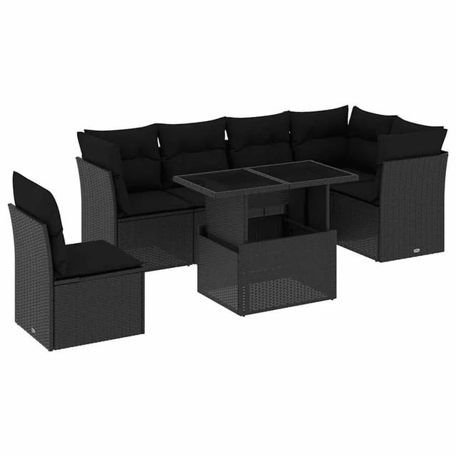 vidaXL 7-Tlg Garten-Sofagarnitur mit Kissen Schwarz Poly Rattan 3266615