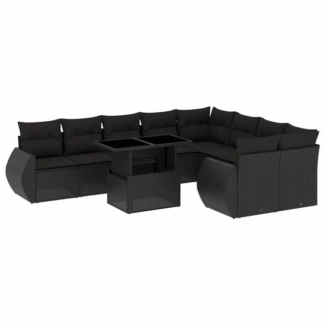 vidaXL 10-Tlg Garten-Sofagarnitur mit Kissen Schwarz Poly Rattan 3268755