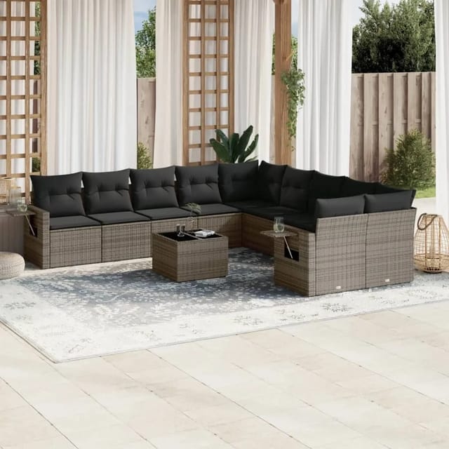 vidaXL 11-Tlg Garten-Sofagarnitur mit Kissen Grau Poly Rattan 3220719