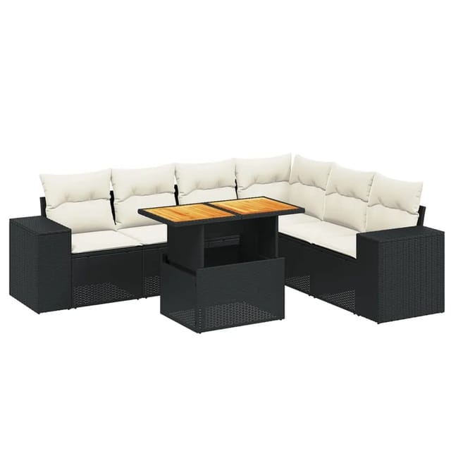 vidaXL 7-Tlg Garten-Sofagarnitur mit Kissen Schwarz Poly Rattan 3272652