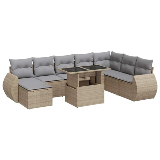 vidaXL 9-Tlg Garten-Sofagarnitur mit Kissen Beige Poly Rattan 3326690