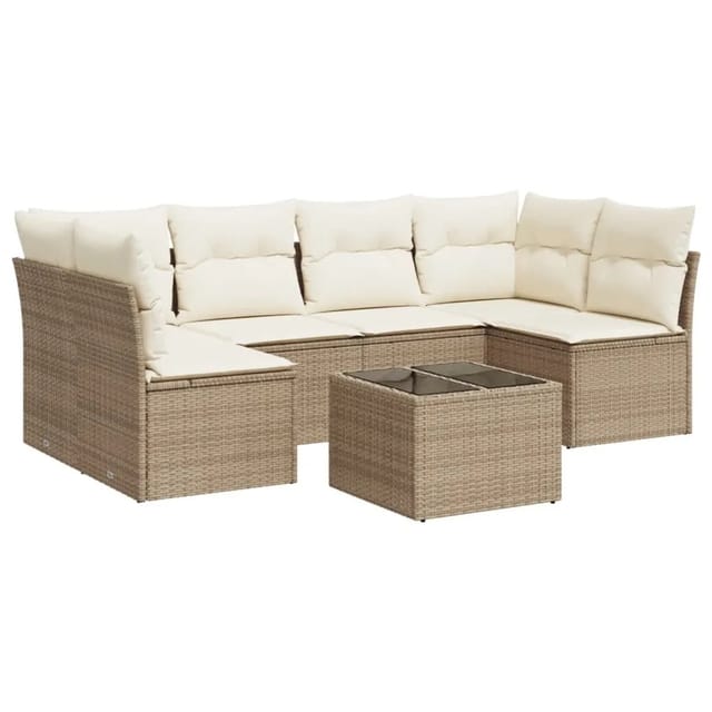 vidaXL 7-Tlg Garten-Sofagarnitur mit Kissen Beige Poly Rattan 3249237