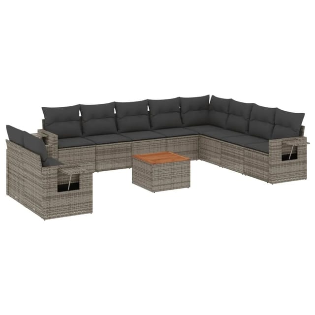 vidaXL 11-Tlg Garten-Sofagarnitur mit Kissen Grau Poly Rattan 3256970