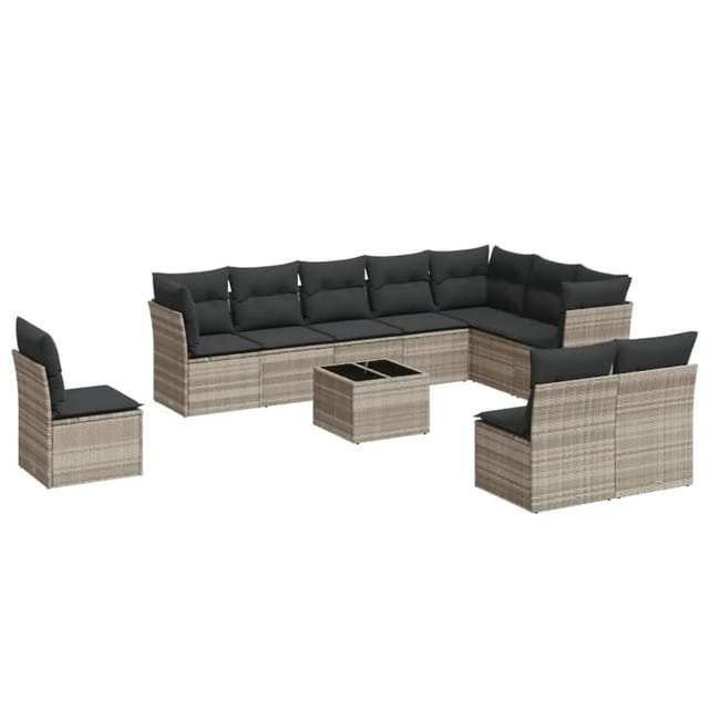 vidaXL 11-Tlg Garten-Sofagarnitur mit Kissen Hellgrau Poly Rattan 3217812