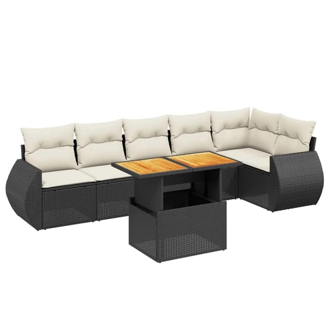 vidaXL 7-Tlg Garten-Sofagarnitur mit Kissen Schwarz Poly Rattan 3272204
