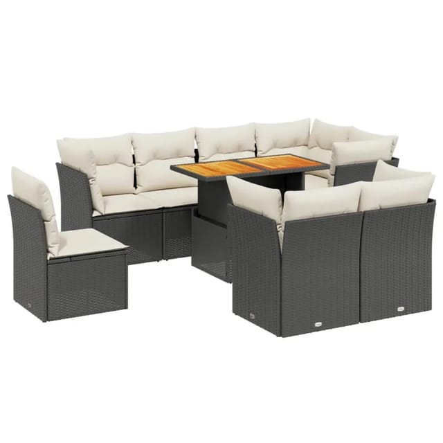 vidaXL 9-Tlg Garten-Sofagarnitur mit Kissen Schwarz Poly Rattan 3270930