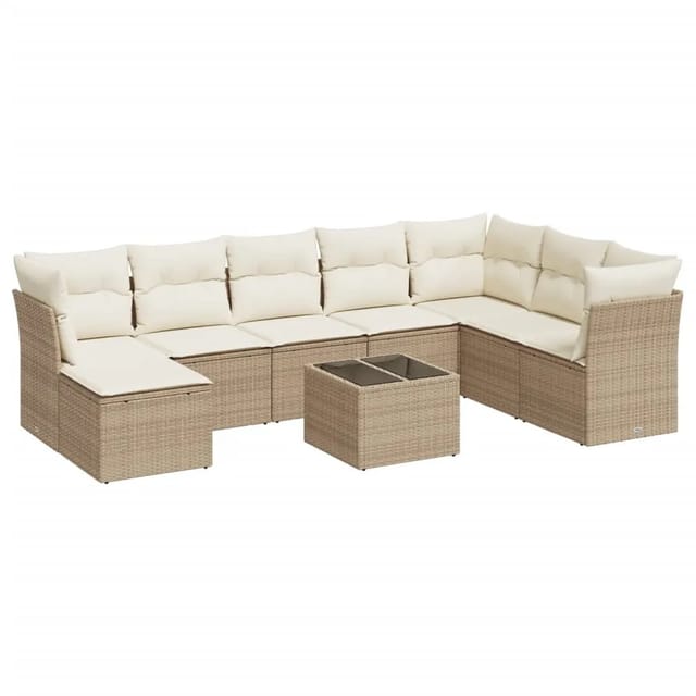 vidaXL 9-Tlg Garten-Sofagarnitur mit Kissen Beige Poly Rattan 3249897
