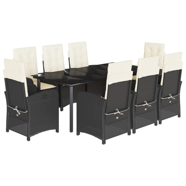 vidaXL 9-Tlg Garten-Essgruppe mit Kissen Schwarz Poly Rattan 3212308