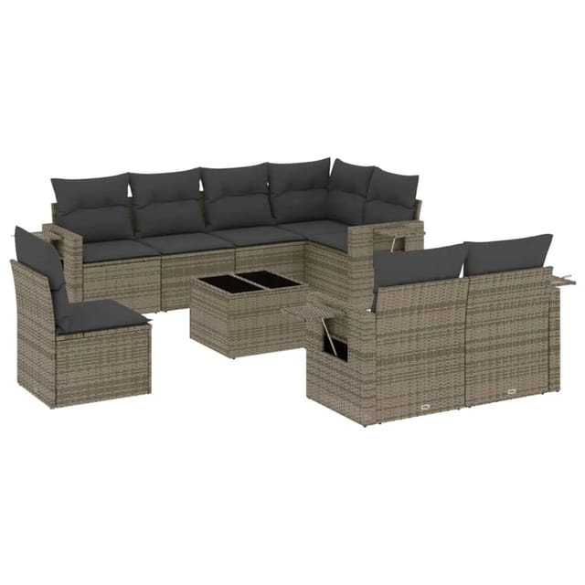 vidaXL 9-Tlg Garten-Sofagarnitur mit Kissen Grau Poly Rattan 3220449