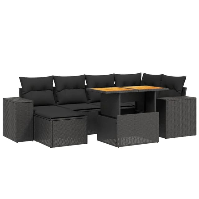 vidaXL 7-Tlg Garten-Sofagarnitur mit Kissen Schwarz Poly Rattan 3275925