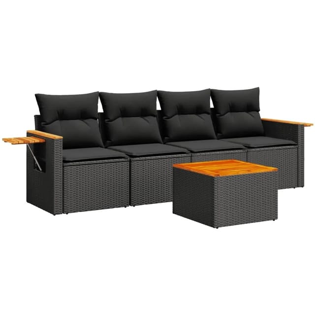 vidaXL 5-Tlg Garten-Sofagarnitur mit Kissen Schwarz Poly Rattan 3259017