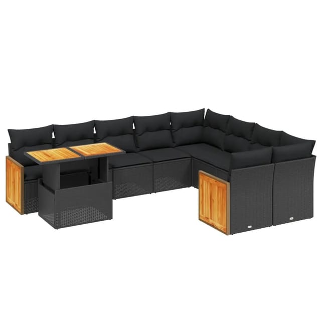 vidaXL 10-Tlg Garten-Sofagarnitur mit Kissen Schwarz Poly Rattan 3274121