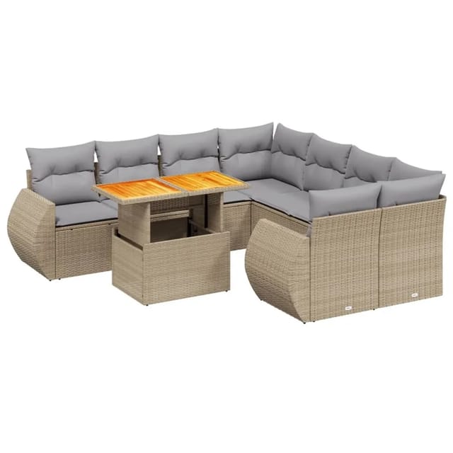 vidaXL 9-Tlg Garten-Sofagarnitur mit Kissen Beige Poly Rattan 3272123