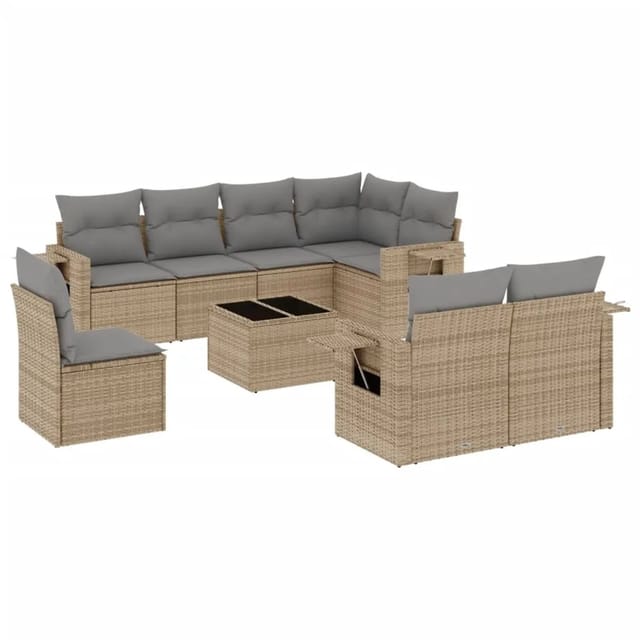 vidaXL 9-Tlg Garten-Sofagarnitur mit Kissen Beige Poly Rattan 3220448