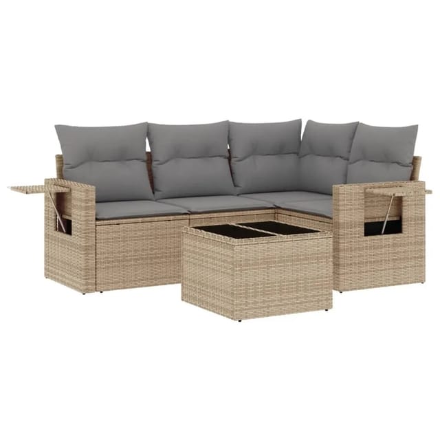 vidaXL 5-Tlg Garten-Sofagarnitur mit Kissen Beige Poly Rattan 3220118
