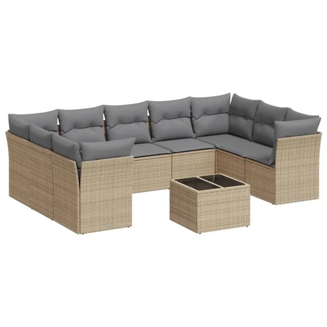 vidaXL 10-Tlg Garten-Sofagarnitur mit Kissen Beige Poly Rattan 3249978