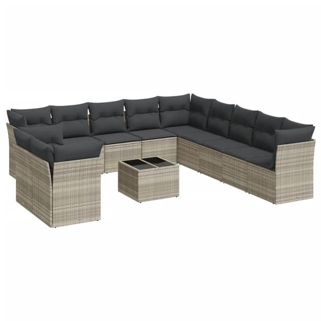 vidaXL 12-Tlg Garten-Sofagarnitur mit Kissen Hellgrau Poly Rattan 3217892