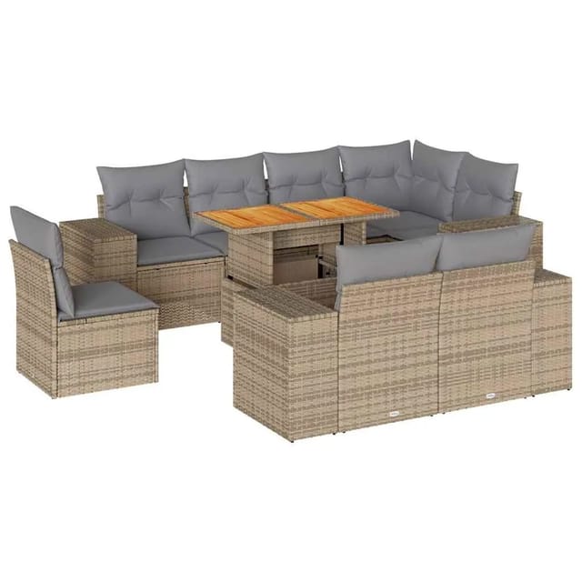 vidaXL 9-Tlg Garten-Sofagarnitur mit Kissen Beige Poly Rattan 3327391
