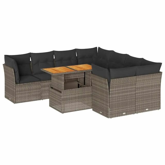 vidaXL 9-Tlg Garten-Sofagarnitur mit Kissen Grau Poly Rattan 3326909