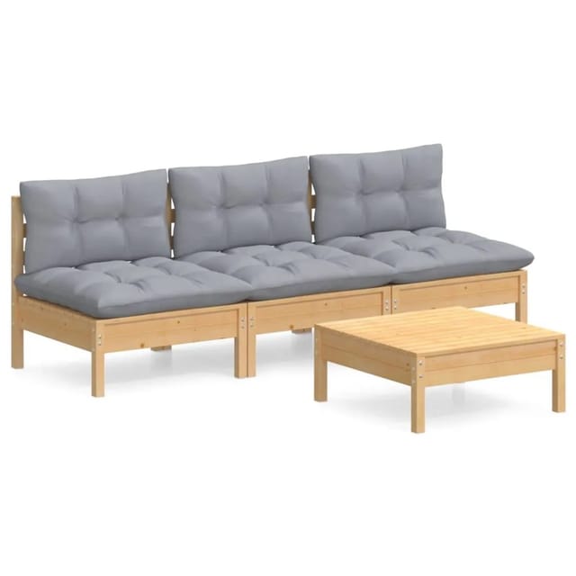 vidaXL 4-Tlg Garten-Lounge-Set mit Grauen Kissen Kiefernholz 3096081