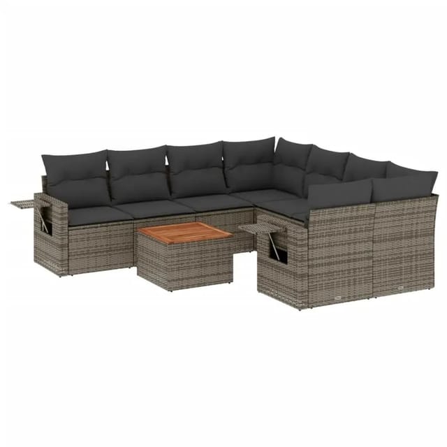 vidaXL 9-Tlg Garten-Sofagarnitur mit Kissen Grau Poly Rattan 3256823