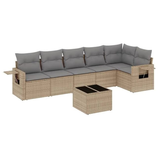 vidaXL 7-Tlg Garten-Sofagarnitur mit Kissen Beige Poly Rattan 3220198