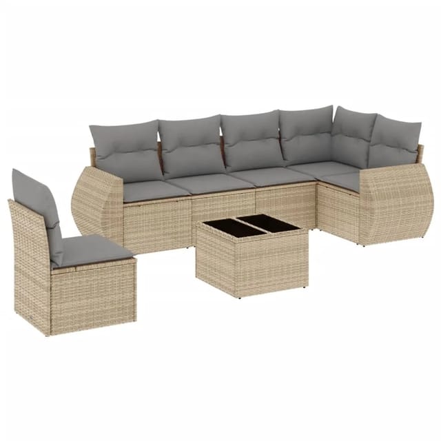 vidaXL 7-Tlg Garten-Sofagarnitur mit Kissen Beige Poly Rattan 3221438
