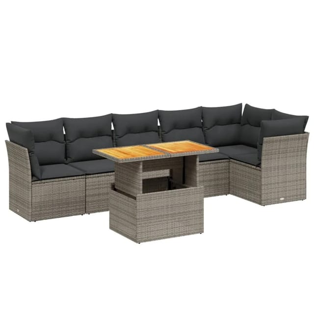 vidaXL 7-Tlg Garten-Sofagarnitur mit Kissen Grau Poly Rattan 3270843