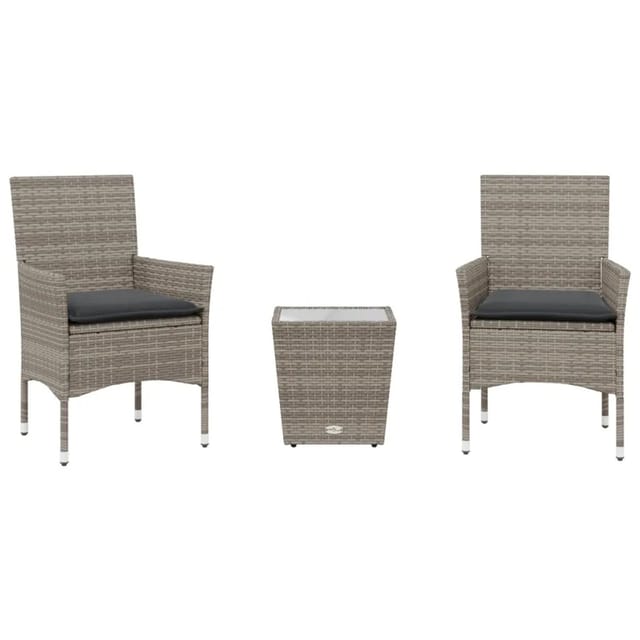 vidaXL 3-Tlg Bistro-Set mit Kissen Grau Poly Rattan und Glas 3278742