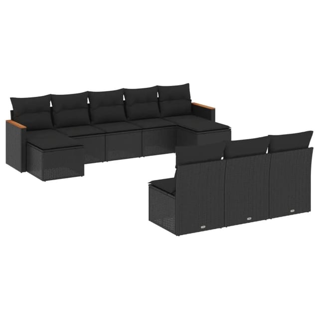 vidaXL 10-Tlg Garten-Sofagarnitur mit Kissen Schwarz Poly Rattan 3226384