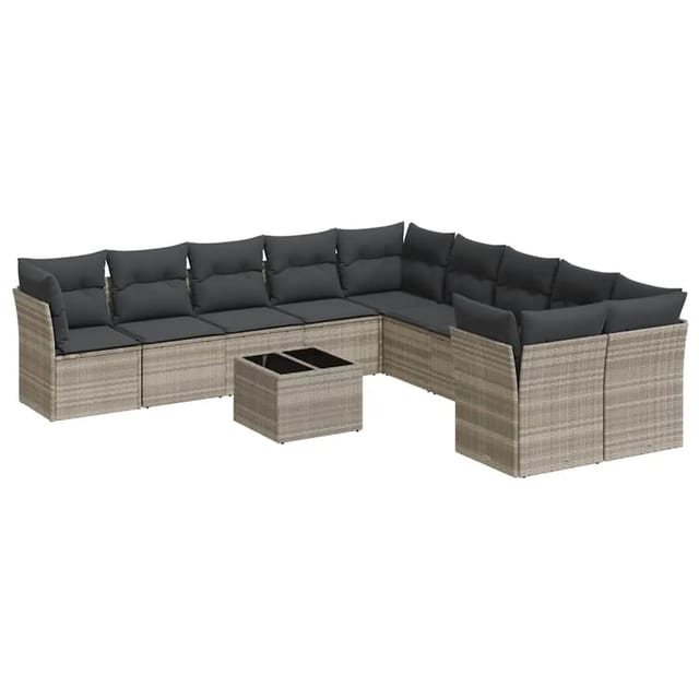 vidaXL 11-Tlg Garten-Sofagarnitur mit Kissen Hellgrau Poly Rattan 3218252