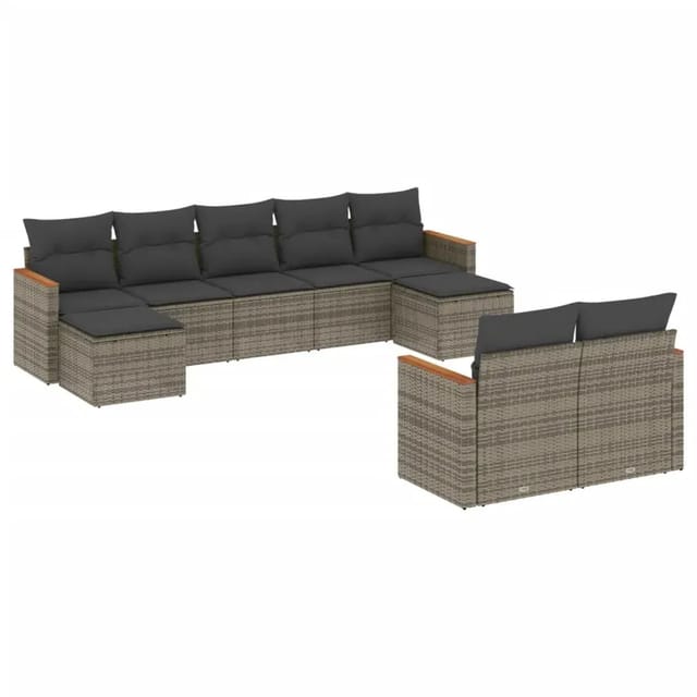 vidaXL 9-Tlg Garten-Sofagarnitur mit Kissen Grau Poly Rattan 3226403