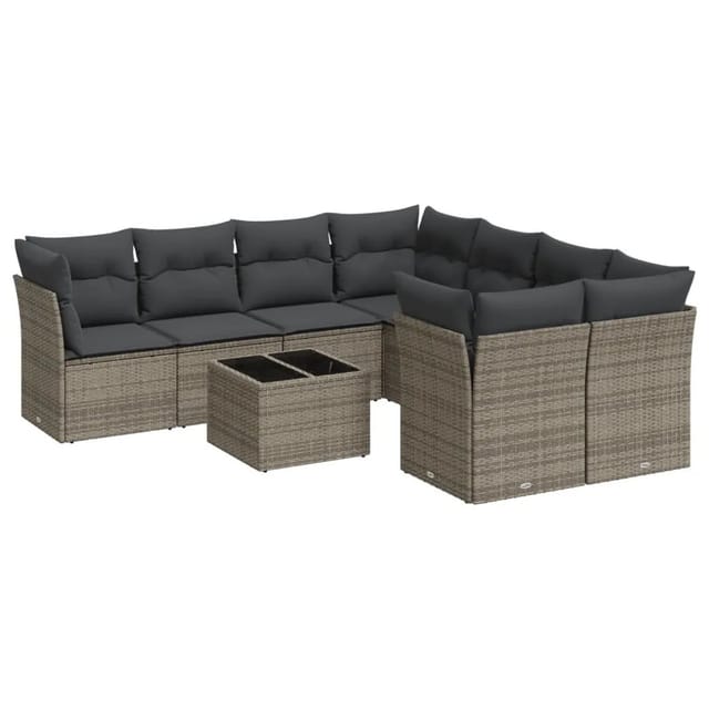 vidaXL 9-Tlg Garten-Sofagarnitur mit Kissen Grau Poly Rattan 3217320