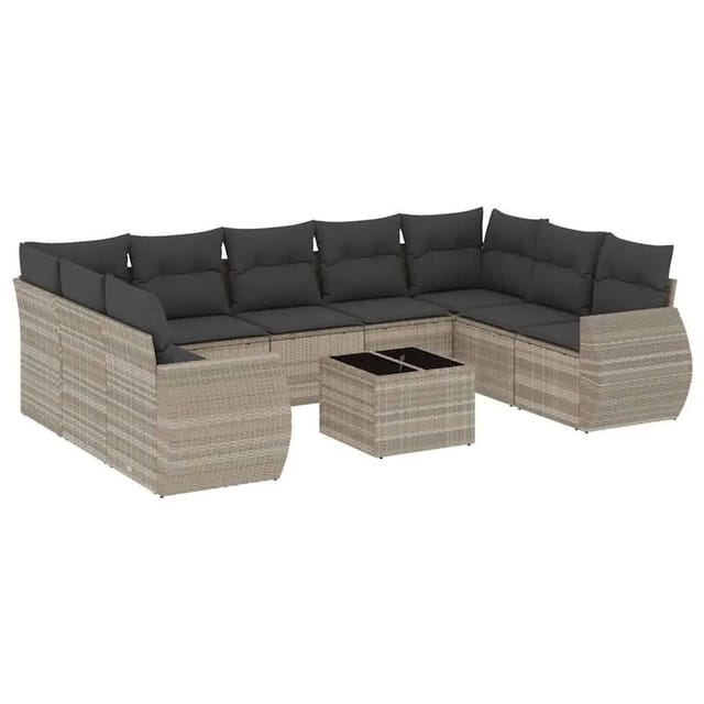 vidaXL 10-Tlg Garten-Sofagarnitur mit Kissen Hellgrau Poly Rattan 3254149