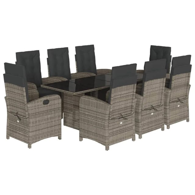 vidaXL 9-Tlg Garten-Essgruppe mit Kissen Grau Poly Rattan 3212493