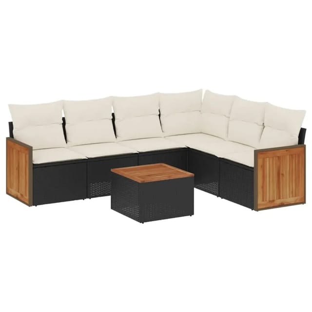 vidaXL 7-Tlg Garten-Sofagarnitur mit Kissen Schwarz Poly Rattan 3260089