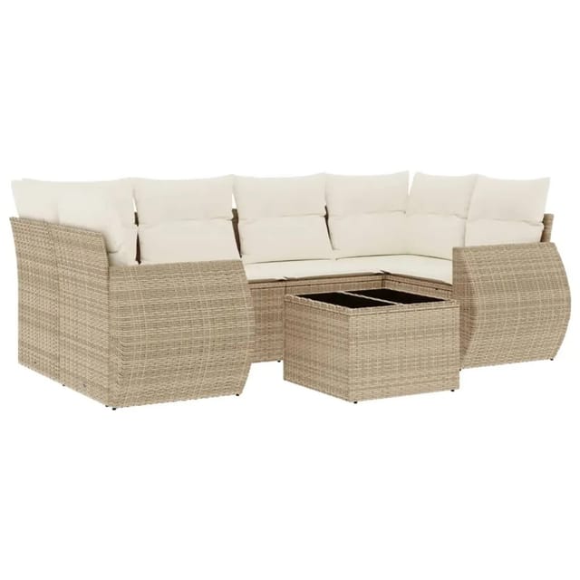 vidaXL 7-Tlg Garten-Sofagarnitur mit Kissen Beige Poly Rattan 3253455