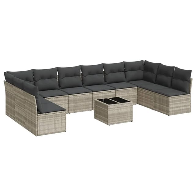 vidaXL 11-Tlg Garten-Sofagarnitur mit Kissen Hellgrau Poly Rattan 3218102