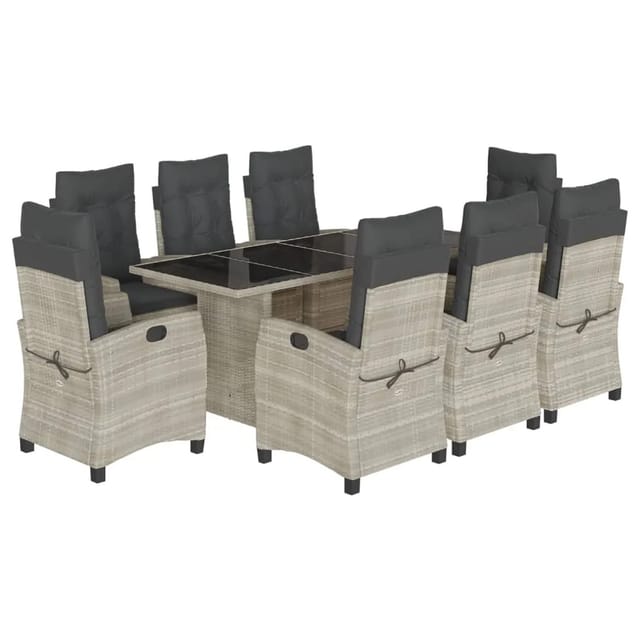 vidaXL 9-Tlg Garten-Essgruppe mit Kissen Hellgrau Poly Rattan 3212699