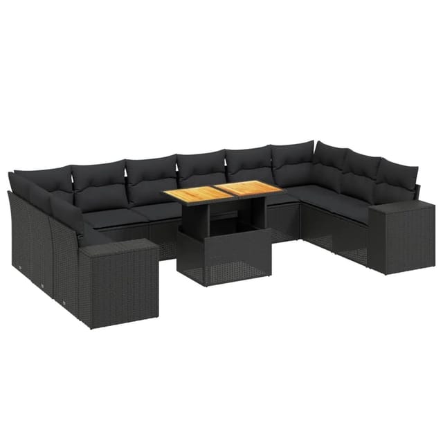 vidaXL 11-Tlg Garten-Sofagarnitur mit Kissen Schwarz Poly Rattan 3272805