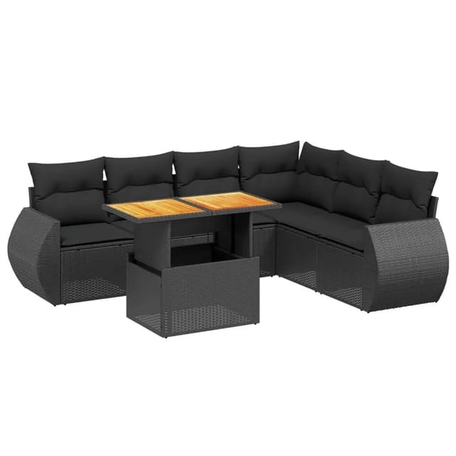 vidaXL 7-Tlg Garten-Sofagarnitur mit Kissen Schwarz Poly Rattan 3272210