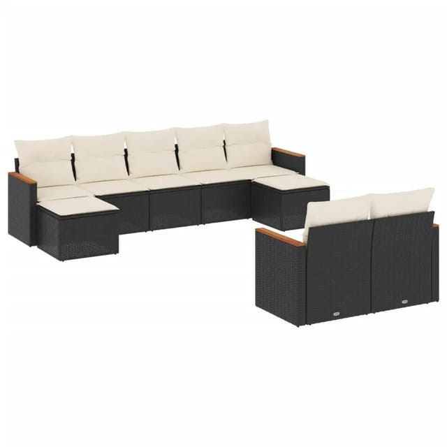 vidaXL 9-Tlg Garten-Sofagarnitur mit Kissen Schwarz Poly Rattan 3226399