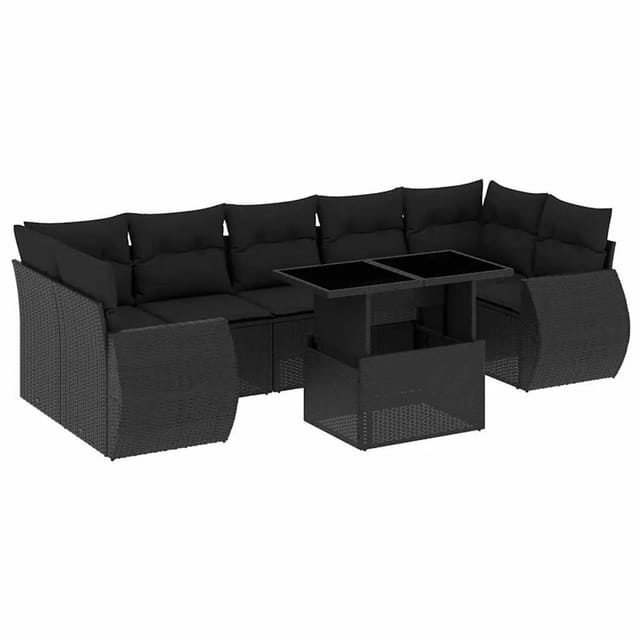 vidaXL 8-Tlg Garten-Sofagarnitur mit Kissen Schwarz Poly Rattan 3268405