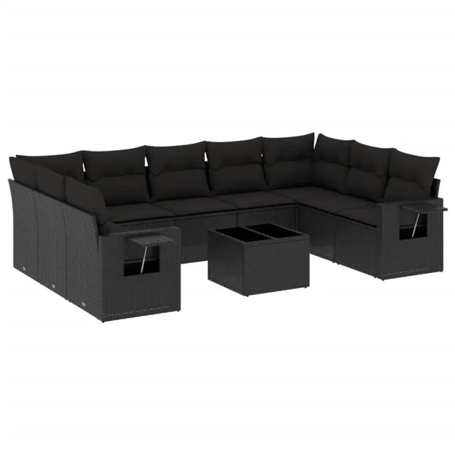 vidaXL 10-Tlg Garten-Sofagarnitur mit Kissen Schwarz Poly Rattan 3252942