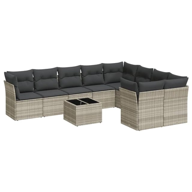 vidaXL 10-Tlg Garten-Sofagarnitur mit Kissen Hellgrau Poly Rattan 3250021