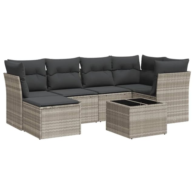 vidaXL 7-Tlg Garten-Sofagarnitur mit Kissen Hellgrau Poly Rattan 3217962