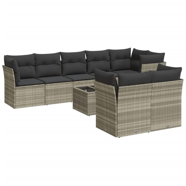 vidaXL 9-Tlg Garten-Sofagarnitur mit Kissen Hellgrau Poly Rattan 3217922