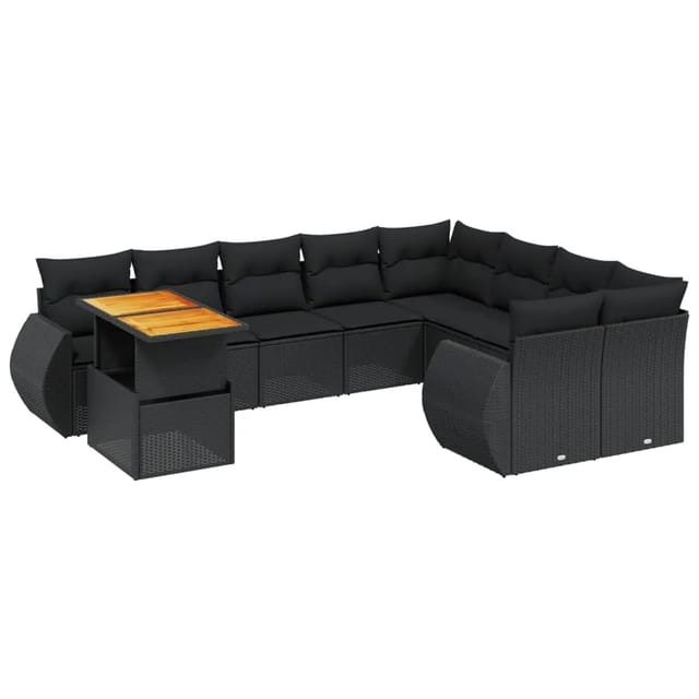 vidaXL 10-Tlg Garten-Sofagarnitur mit Kissen Schwarz Poly Rattan 3272357
