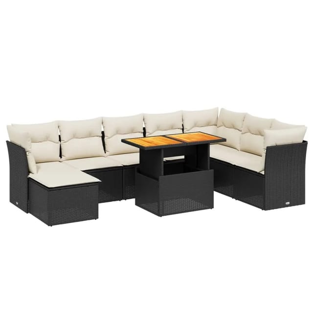 vidaXL 9-Tlg Garten-Sofagarnitur mit Kissen Schwarz Poly Rattan 3270972